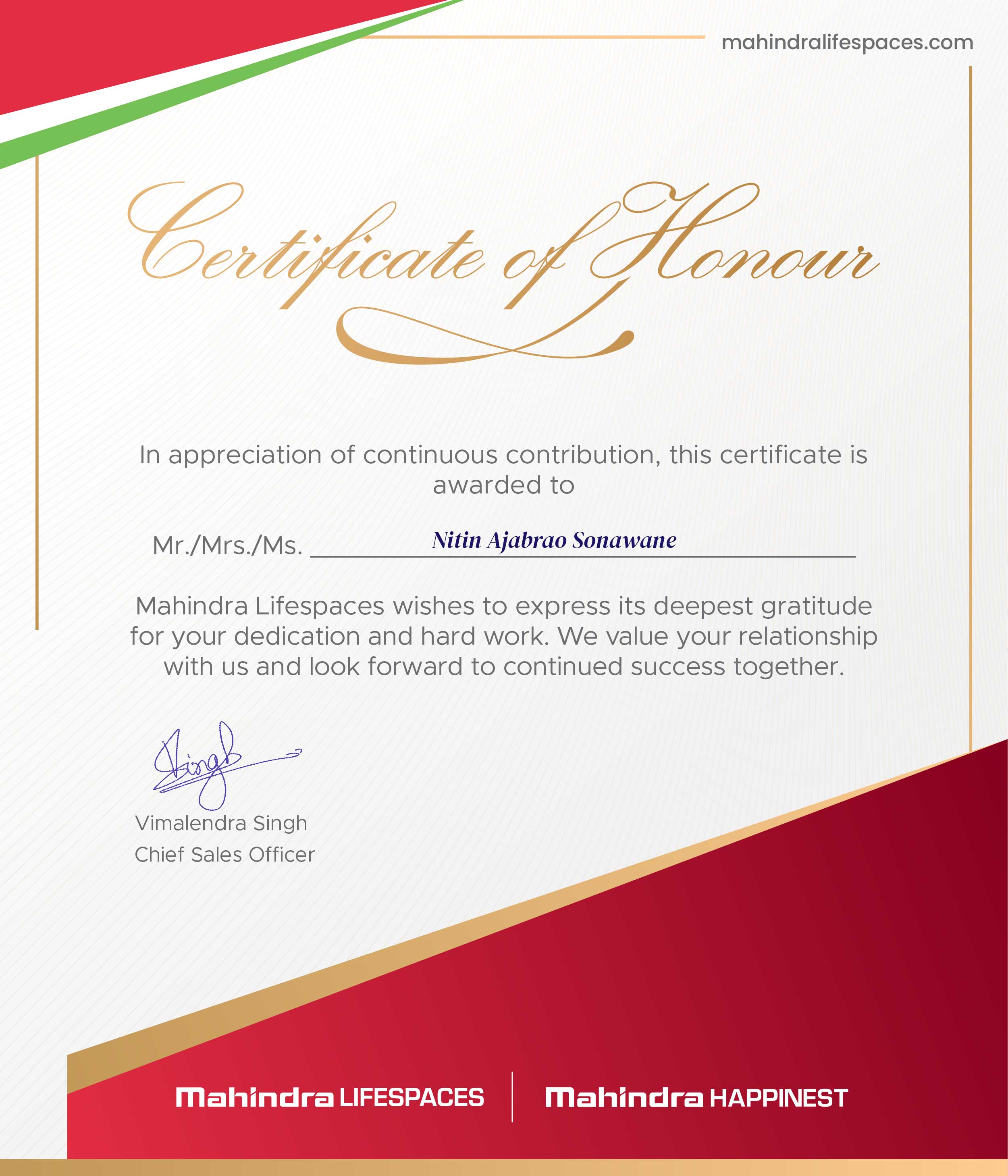 Appreciation from Mahindra Happinest Kalyan
